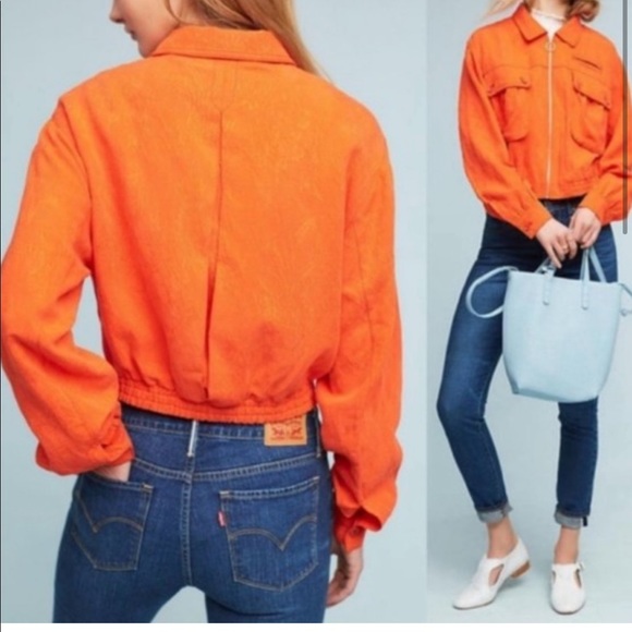 Anthropologie Cartonnier Textured Jacquard Eisenhower Orange Utility Jacket XS - Picture 13 of 13